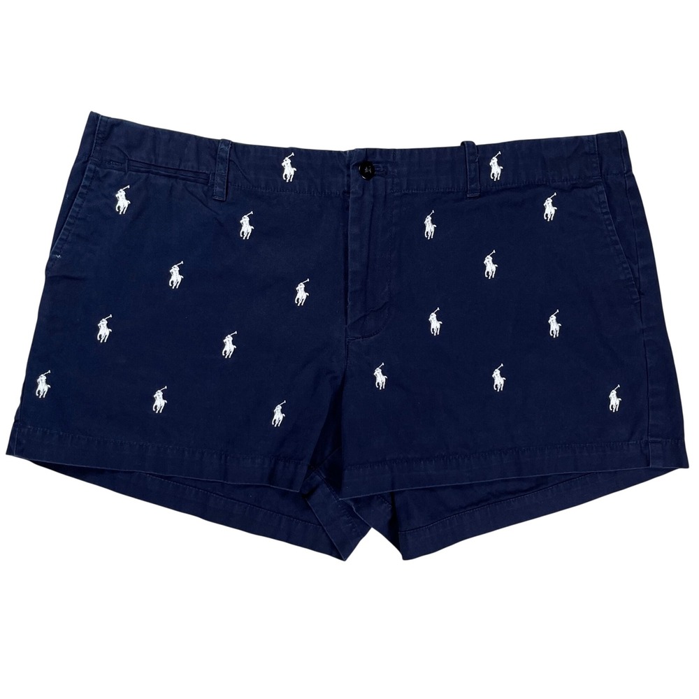 Ralph Lauren Sport Chino Shorts Women 14 Navy Blue Embroidered Pony Twill